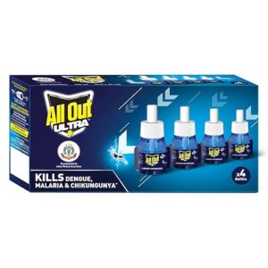 All Out Ultra Liquid Vaporizer, 4 Refills (45ml) | Kills Dengue, Malaria & Chikungunya Spreading Mosquitoes | India's Only Mosquito Killer Brand Recommended by Indian Medical Association